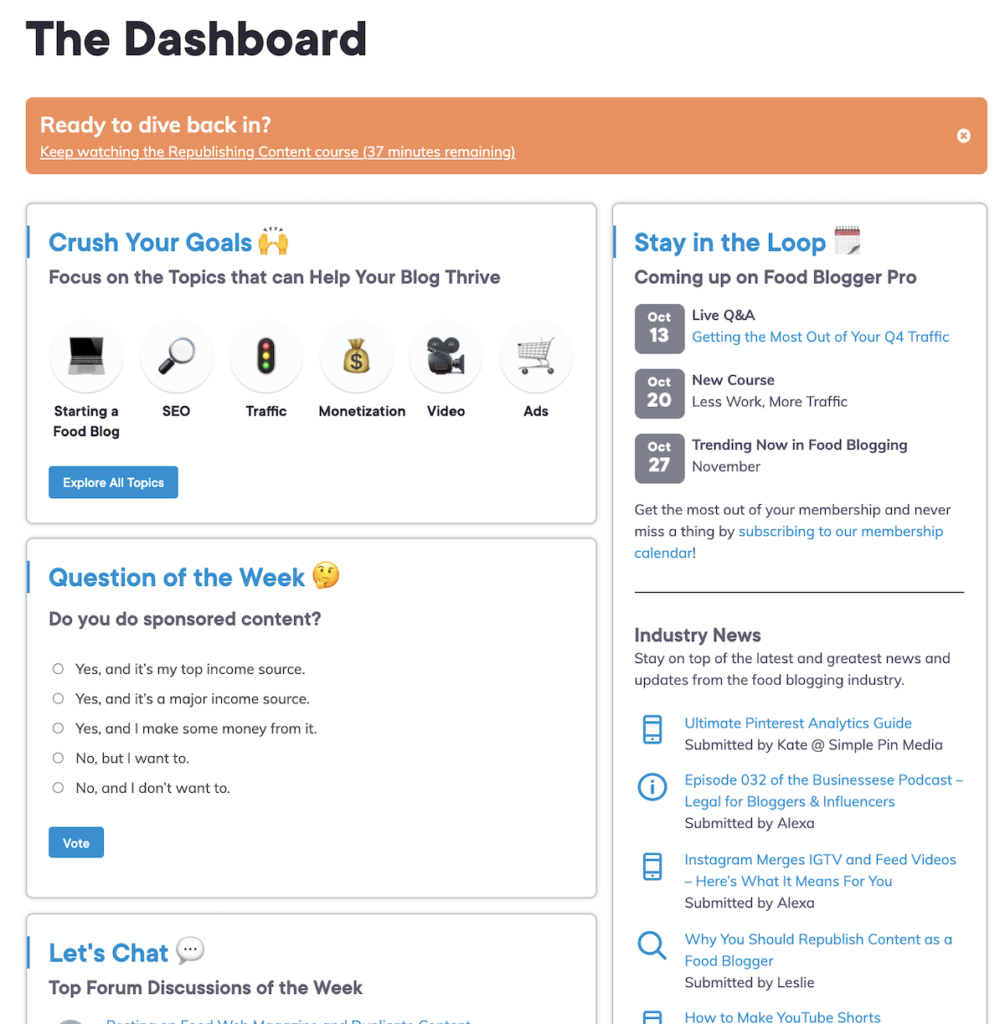 the Food Blogger Pro member dashboard