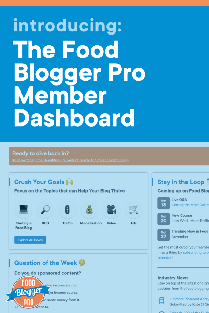 A screenshot of the Food Blogger Pro member dashboard and the title of this article, 'Introducing: the Food Blogger Pro Member Dashboard;