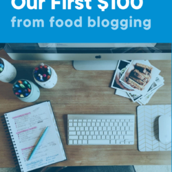 a photo of a desk with a computer, keyboard, mouse, and notebook with the title of this article, 'How we made our first $100 from food blogging'