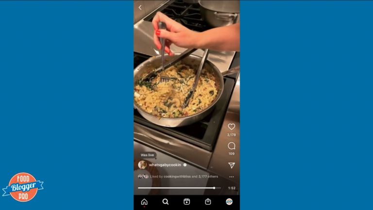 Blue slide with Food Blogger Pro logo with an Instagram Live from @whatsgabycooking shown