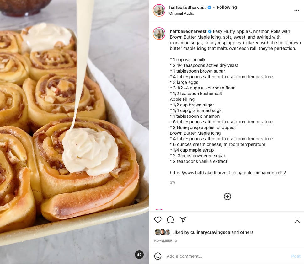 Screenshot of a cinnamon roll Reel from the Half Baked Harvest Instagram account