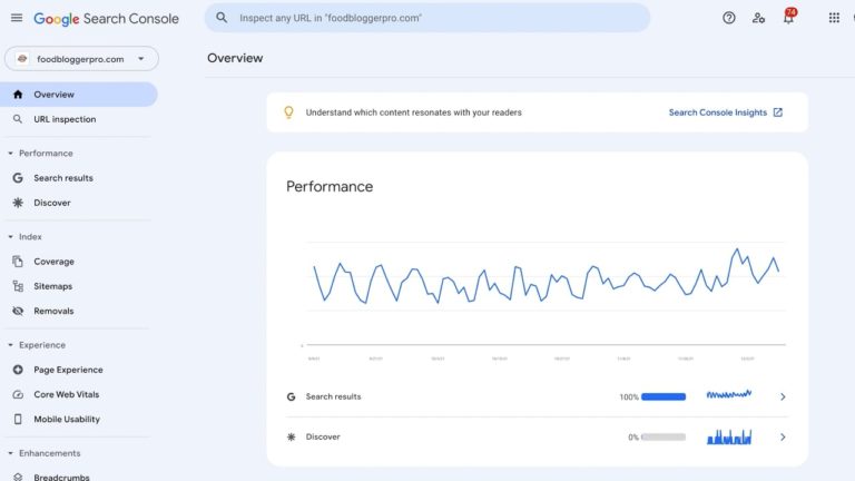 Screenshot of the Performance page on Google Search Console