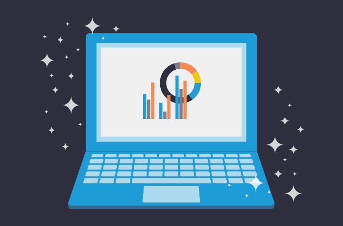 Graphic of blue laptop in front of a navy background with graphs on the screen