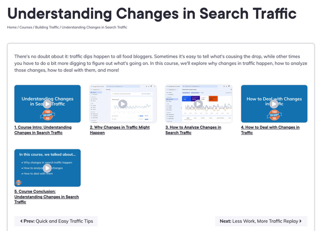 Screenshot of the Understanding Changes in Search Traffic course on Food Blogger Pro