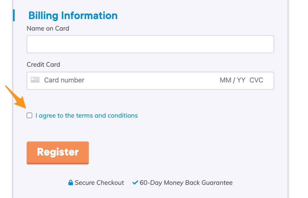 A checkout form with a link to the checkbox to accept the terms of service