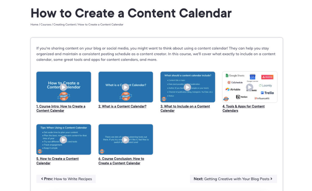 Screenshot of the How to Create a Content Calendar course on Food Blogger Pro