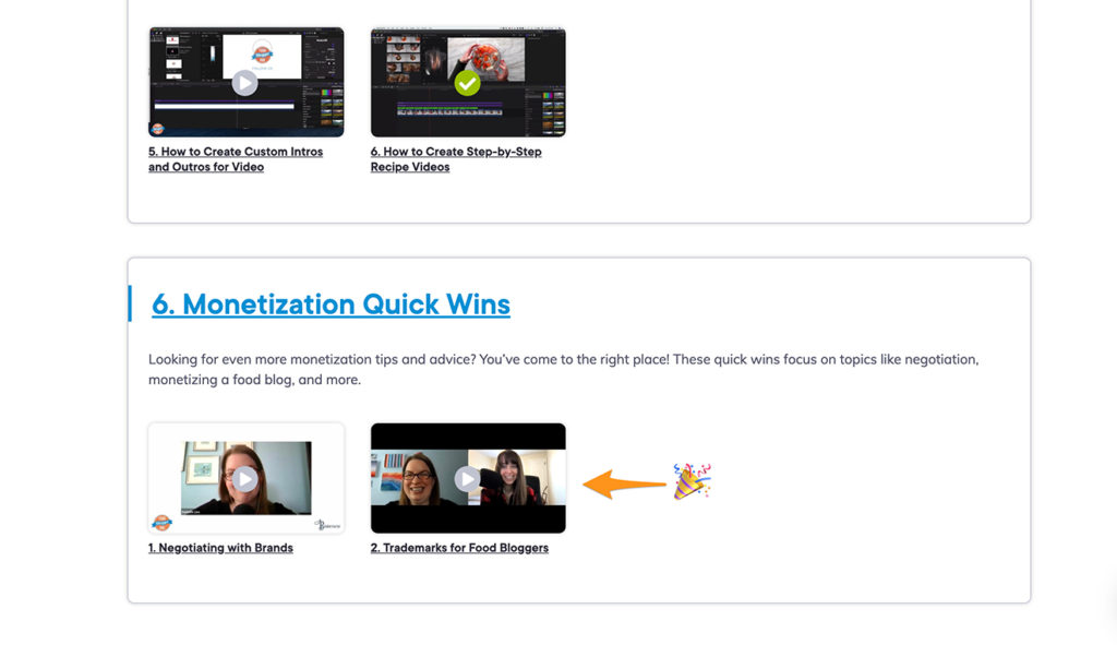 Screenshot of the Food Blogger Pro Quick Wins page with an arrow and party emoji pointing to the Trademarks for Food Bloggers Quick Win