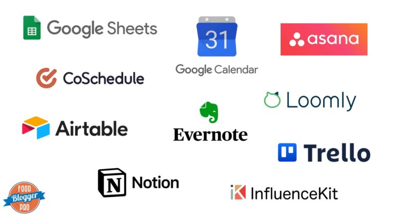White slide with Food Blogger Pro logo and logos of various content calendar planning tools and apps