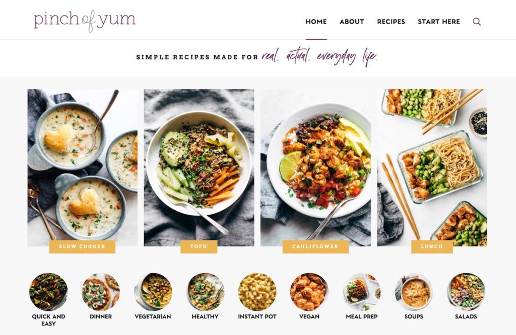 the Pinch of Yum food blog homepage
