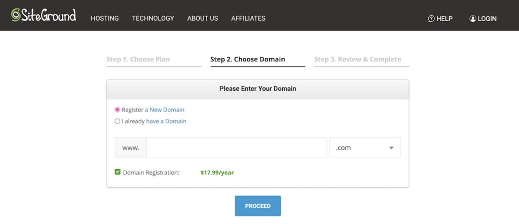 a screenshot of the domain registration page on Siteground