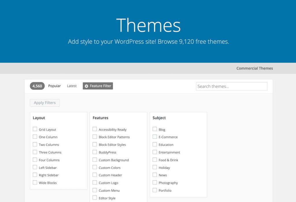 the filters available on the WordPress theme repository
