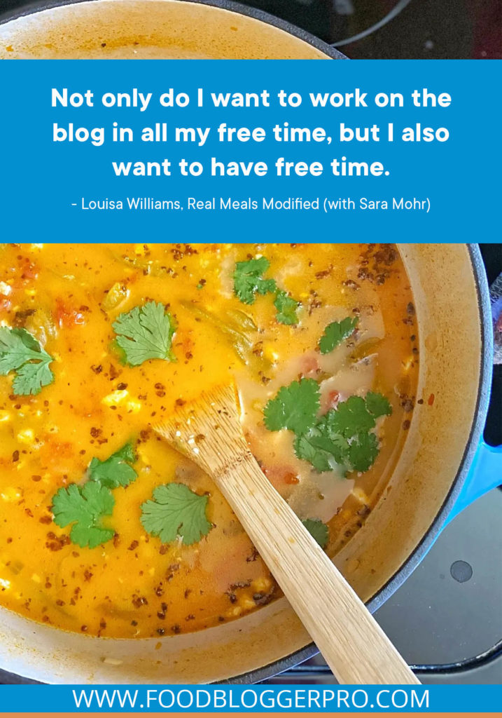 A quote from Sara Mohr and Louisa Williams’s appearance on the Food Blogger Pro podcast that says, 'Not only do I want to work on the blog in all my free time, but I also want to have free time.'