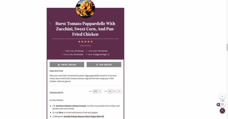 Screenshot of the Burst Tomato Pappardelle recipe card on Pinch of Yum