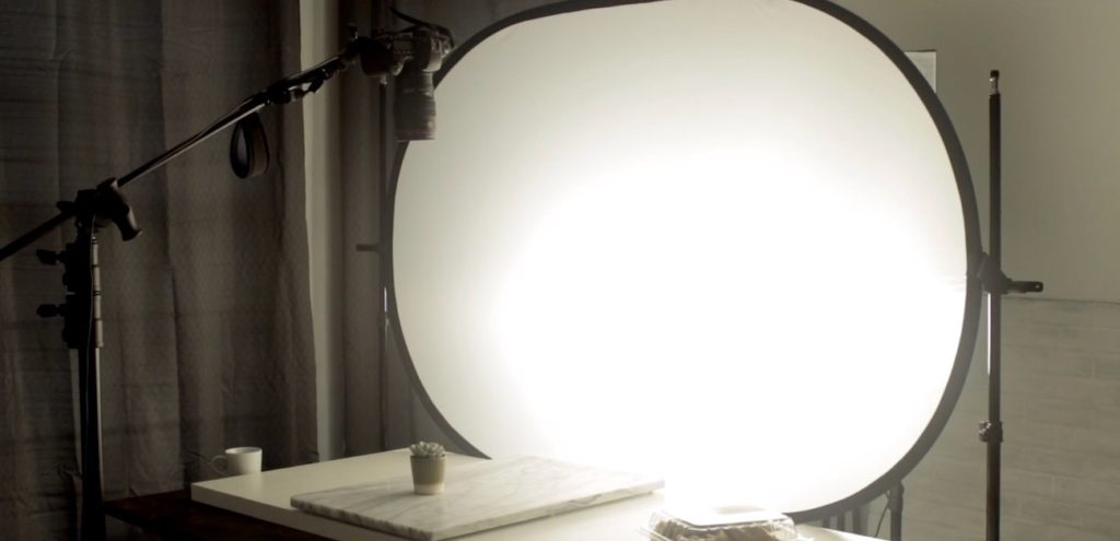 An example of an artificial lighting setup for food photography using LED panels