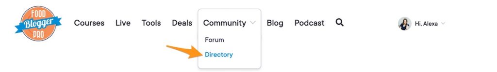 an arrow pointing to the directory option in the menu bar on Food Blogger Pro