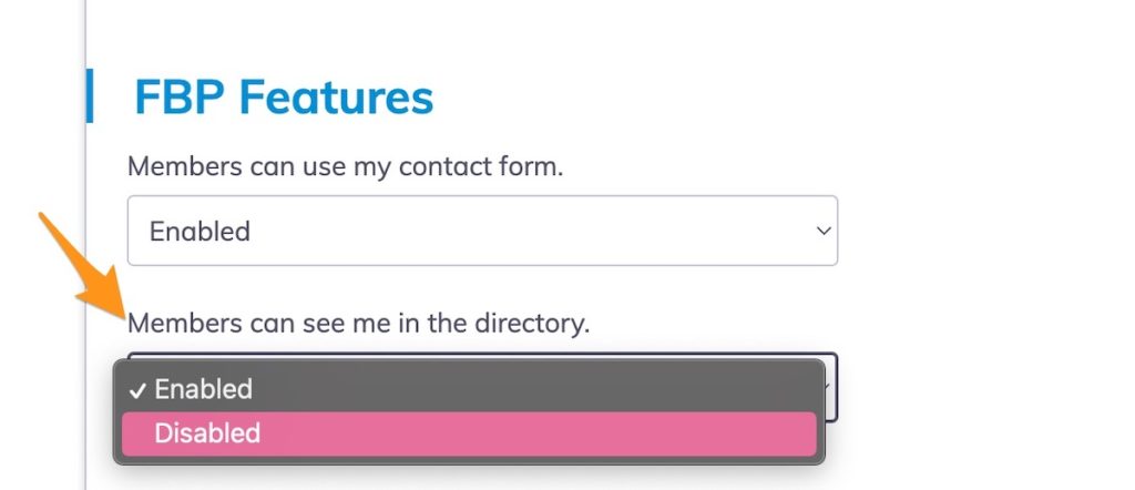 an arrow pointing to the "members can see me in the directory" option on the edit profile page on Food Blogger Pro