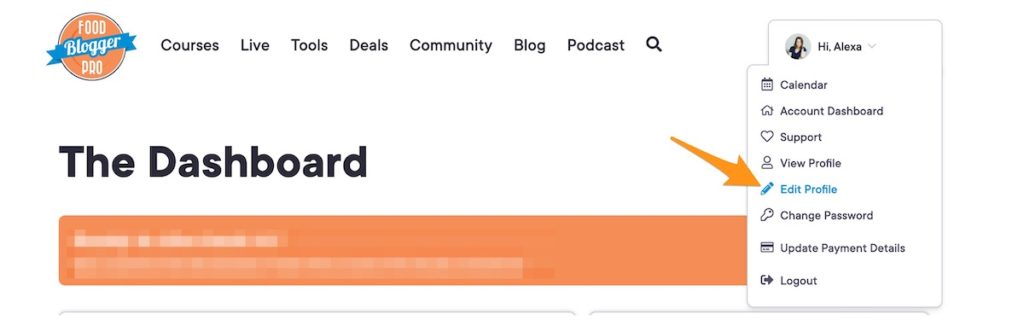 the Account menu options on Food Blogger Pro with an arrow pointing to Edit Profile
