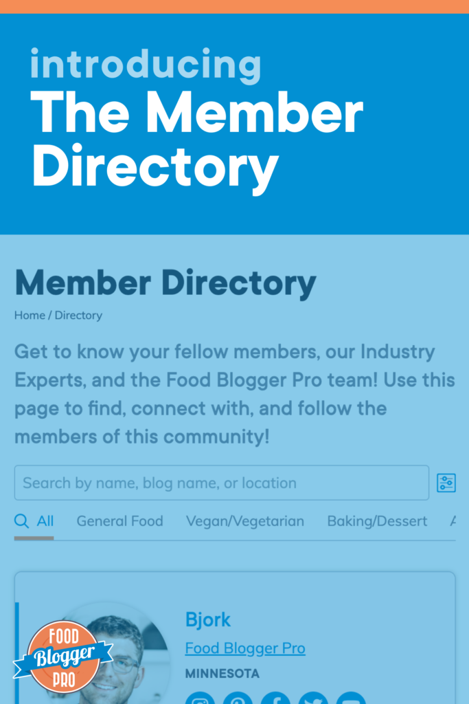 a screenshot of the Food Blogger Pro member directory and the title of this blog post, 'Introducing the Member Directory'