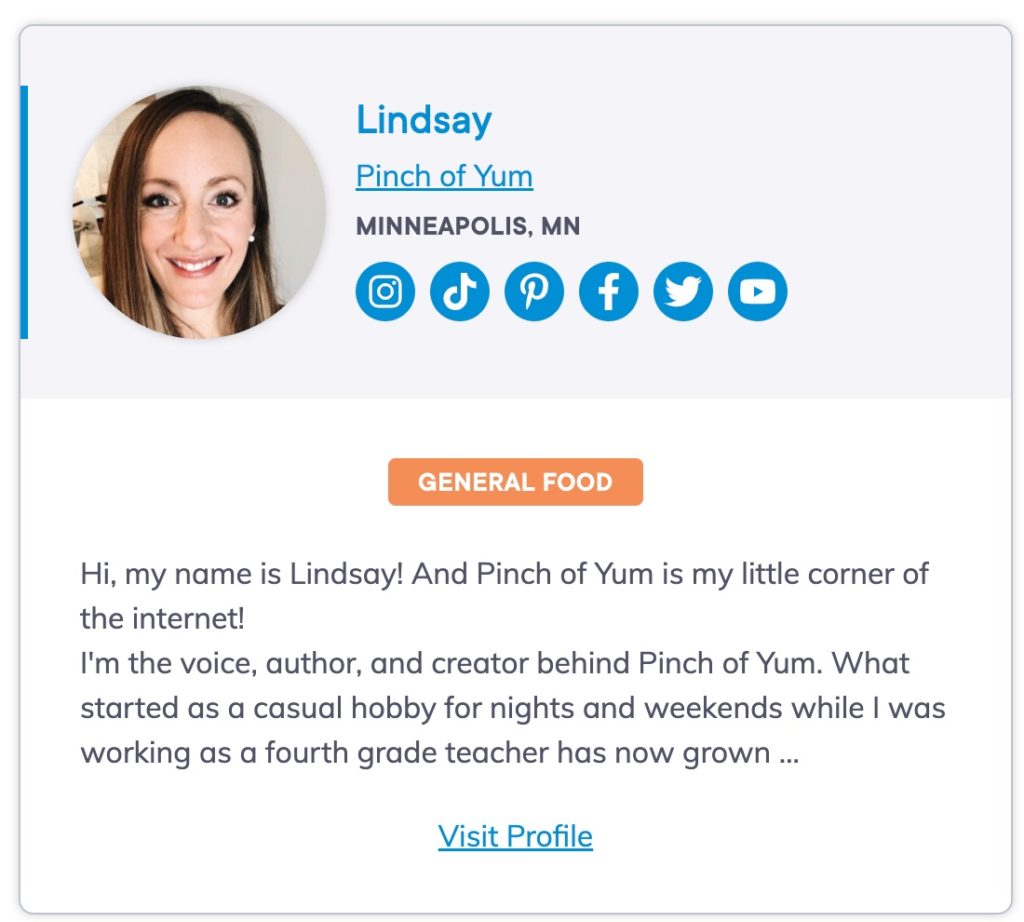 Lindsay Ostrom's member card on the Food Blogger Pro member directory