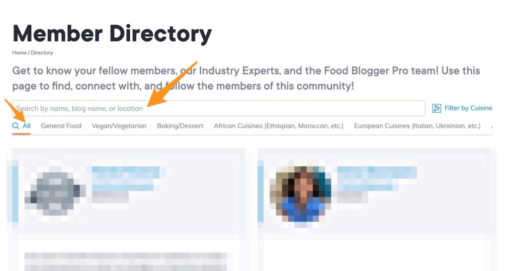 A screenshot of the Food Blogger Pro member directory with arrows pointing to the search bar and the niche filter options