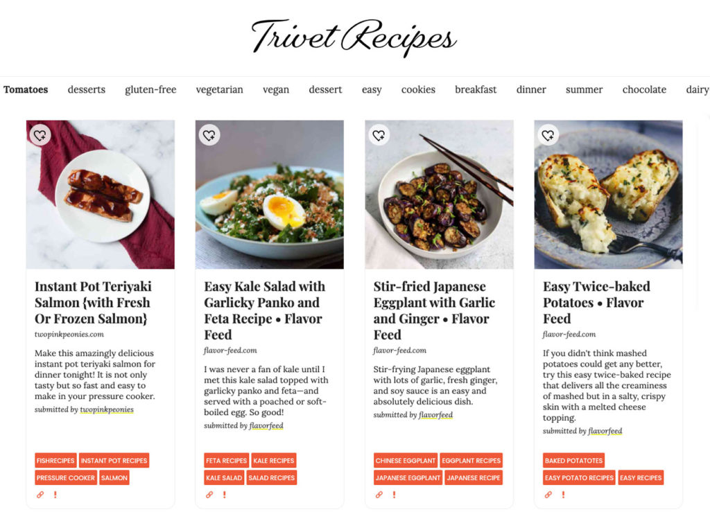Screenshot of the Trivet Recipes homepage