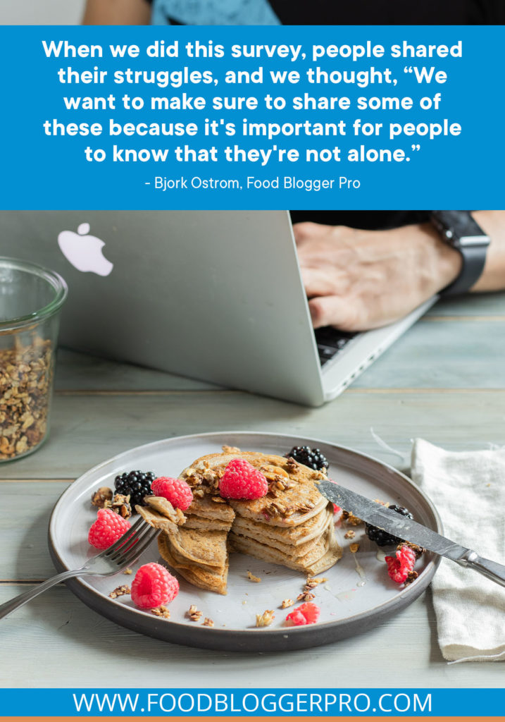 A quote from Bjork Ostrom’s appearance on the Food Blogger Pro podcast that says, 'When we did this survey, people shared their struggles, and we thought, 'We want to make sure to share some of these because it's important for people to know that they're not alone.''