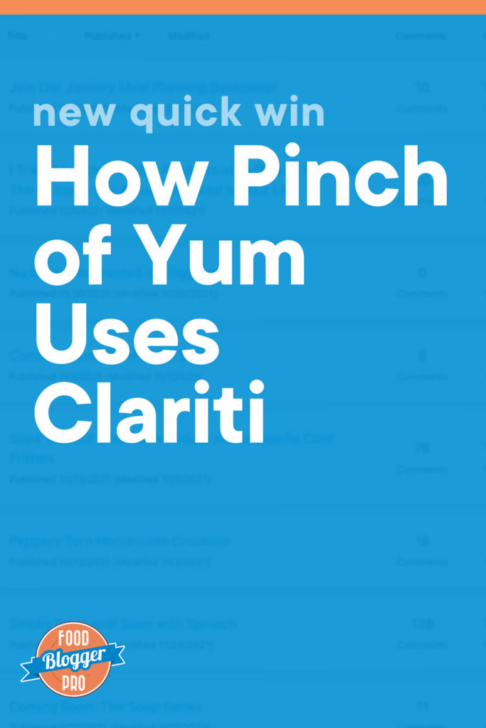 Blue graphic of Clariti that reads 'New Quick Win: How Pinch of Yum Uses Clariti' with Food Blogger Pro logo
