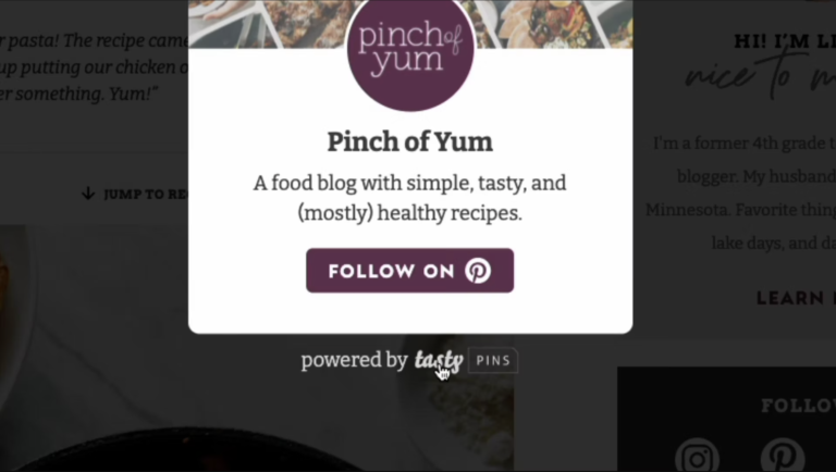Screenshot of Tasty Pins pop up box on Pinch of Yum