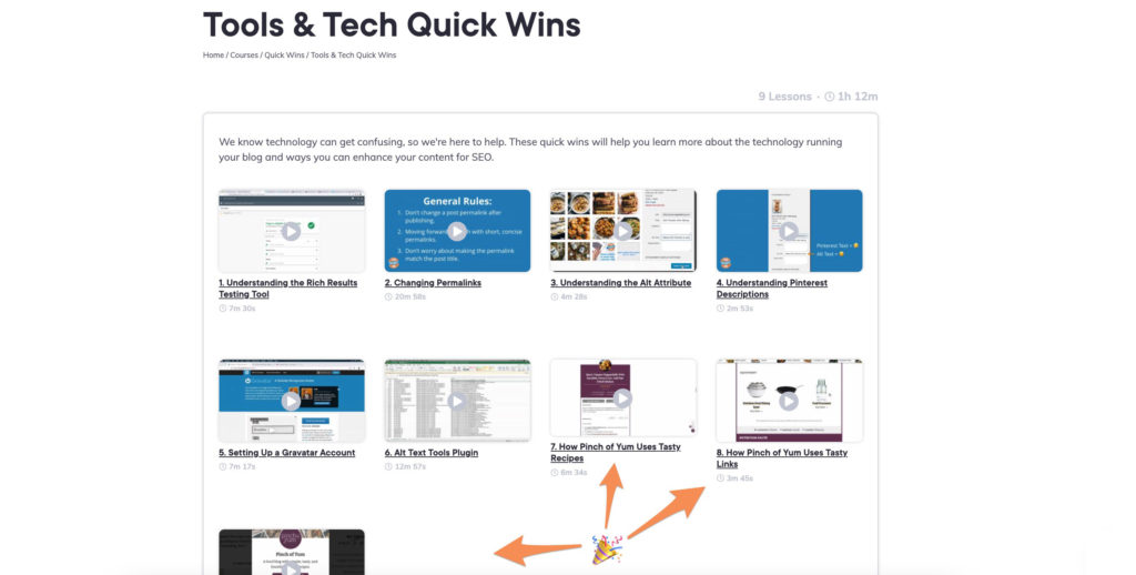 Screenshot of the Tools and Tech Quick Wins on Food Blogger Pro with arrows pointing to three lessons