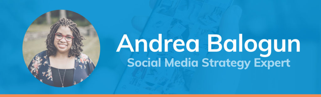 Blue graphic with person holding phone that reads 'Andrea Balogun, Social Media Strategy Expert,' with a headshot of Andrea Balogun