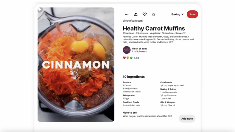 Screenshot of the Healthy Carrot Muffins video pin on Pinterest by Pinch of Yum