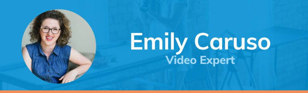 Blue graphic with a headshot of Emily Caruso that reads 'Emily Caruso, Video Expert'