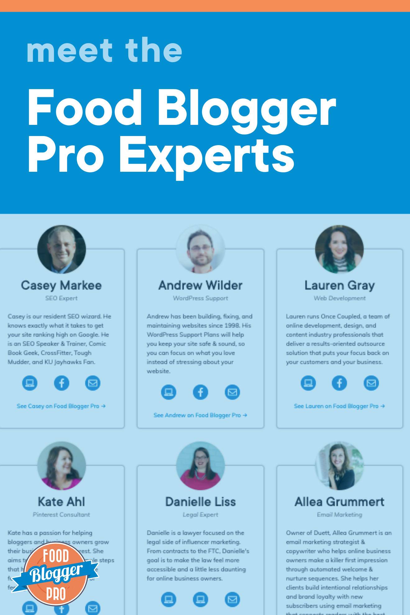 Blue graphic of FBP experts page that reads 'Meet the Food Blogger Pro Experts' with Food Blogger Pro logo