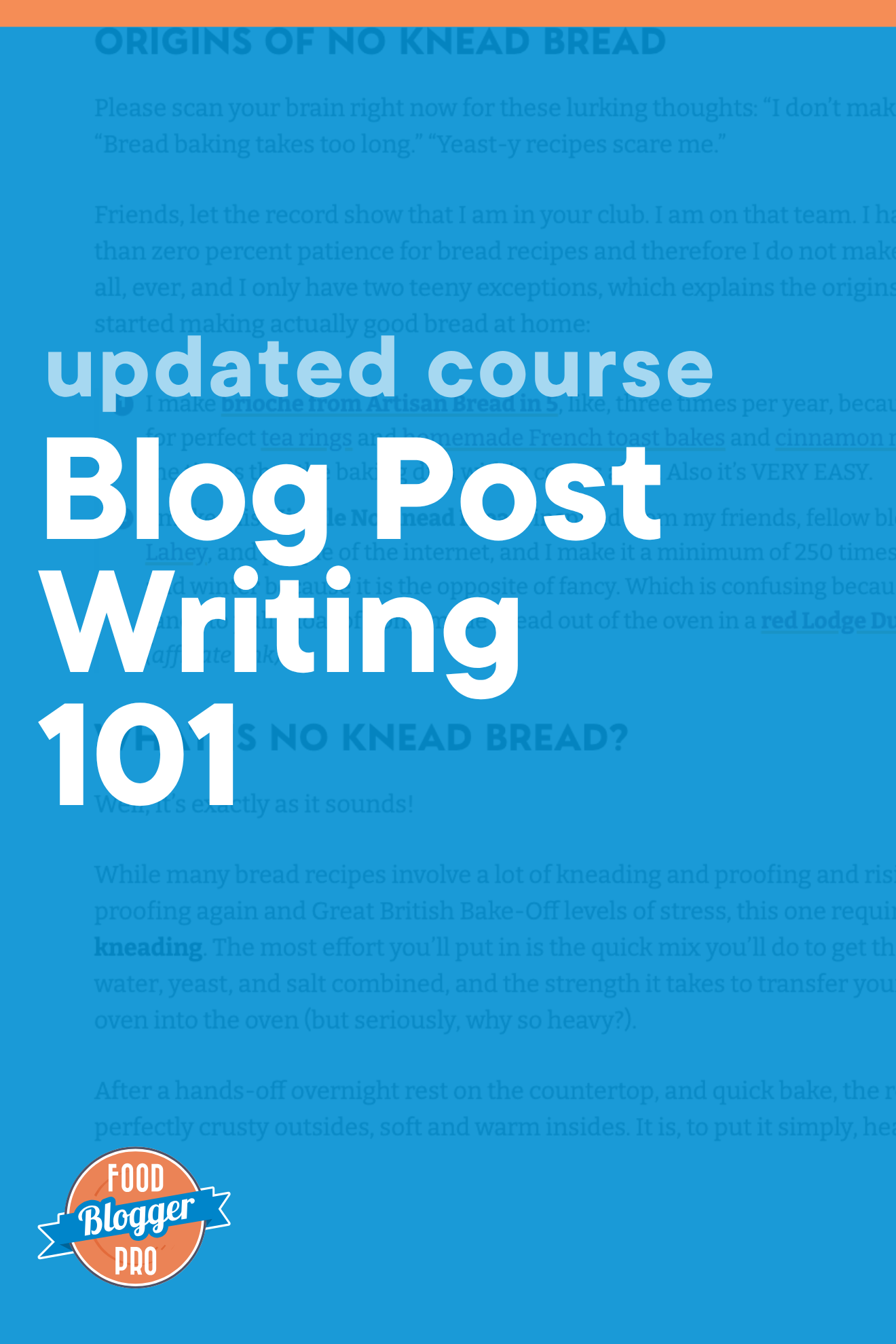 Blue graphic of a Pinch of Yum blog post that reads 'New Course: Blog Post Writing 101' with Food Blogger Pro logo