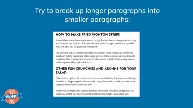 Blue slide with Food Blogger Pro logo that reads 'Try to break up longer paragraphs into smaller paragraphs'