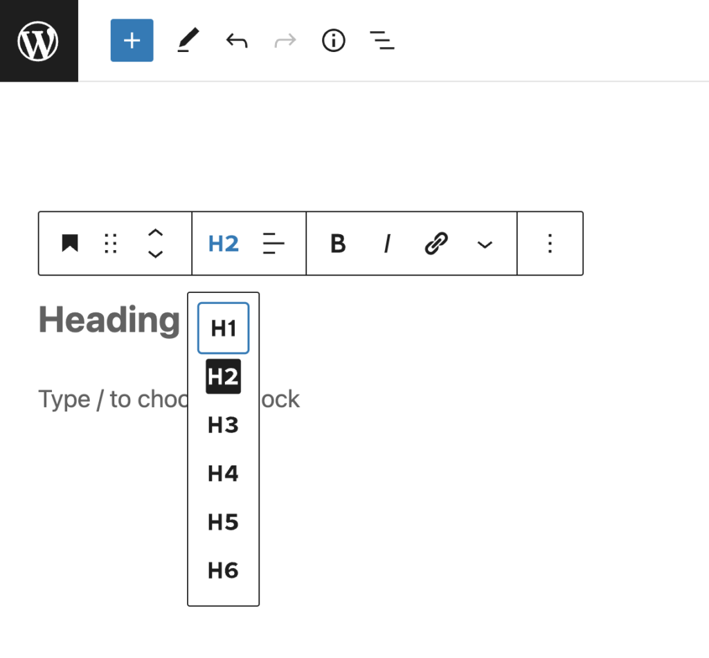 An screenshot of WordPress Headings, displaying H1, H2, H3, H4, H5 and H6.