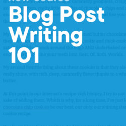Blue graphic of a Pinch of Yum blog post that reads 'New Course: Blog Post Writing 101' with Food Blogger Pro logo
