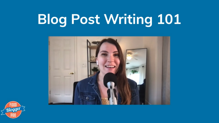 Blue slide with Leslie Jeon and Food Blogger Pro logo that reads 'Blog Post Writing 101'