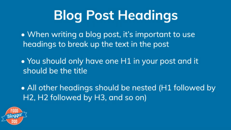 Blue slide with Food Blogger Pro logo that reads 'Headings' and has some bullet points