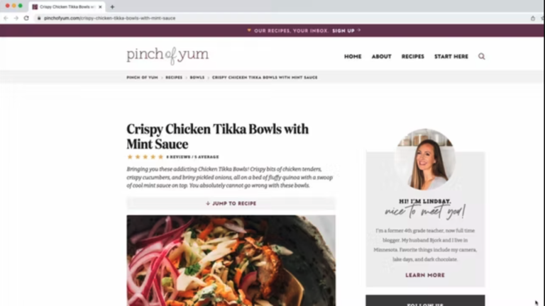 Screenshot of the Chicken Tikka Bowls recipe on Pinch of Yum