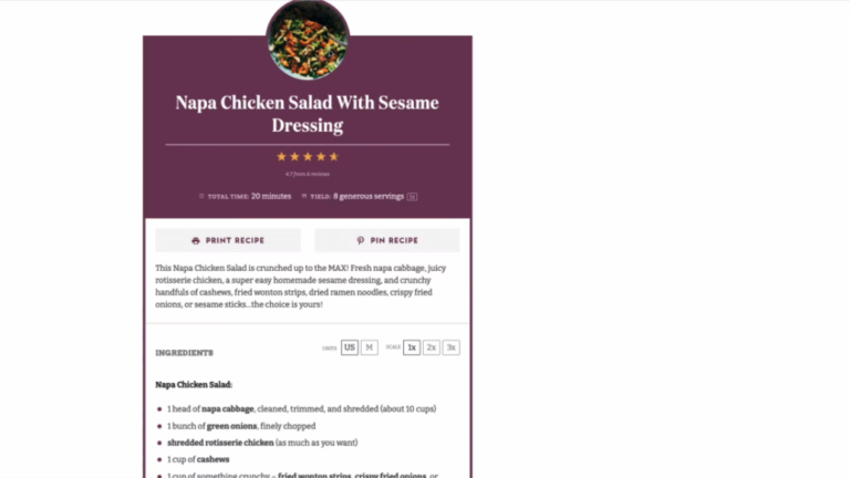 A recipe card for Napa Chicken Salad on Pinch of Yum