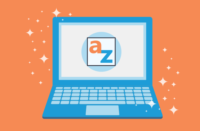 Blue laptop graphic with a document that reads 'A-Z' against an orange background
