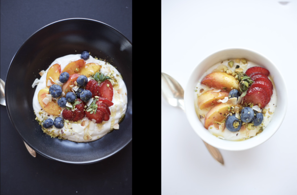 a yogurt bowl with fruit in a black bowl on a black background and a yogurt bowl with fruit in a white bowl on a white background