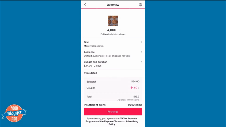 Blue slide with Food Blogger Pro logo and screenshot of the TikTok ad manager