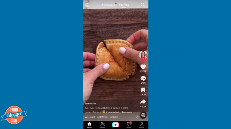 Blue slide with Food Blogger Pro logo and screenshot of the TikTok For You feed