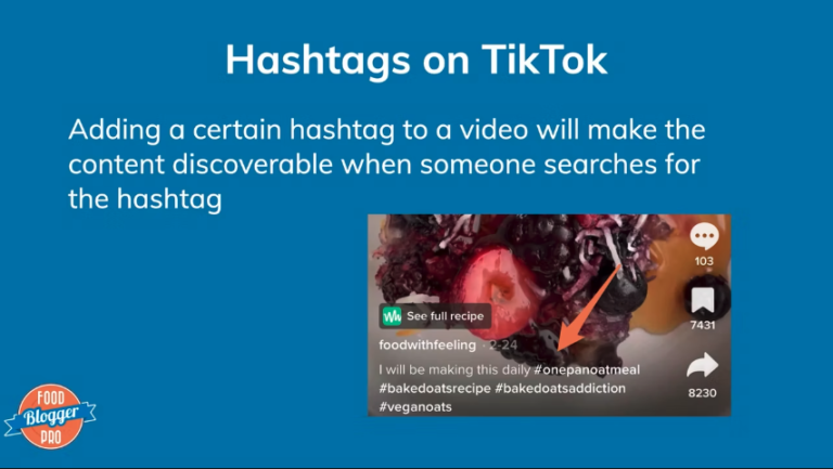Blue slide with Food Blogger Pro logo that reads 'Hashtags on TikTok' with some description text and image