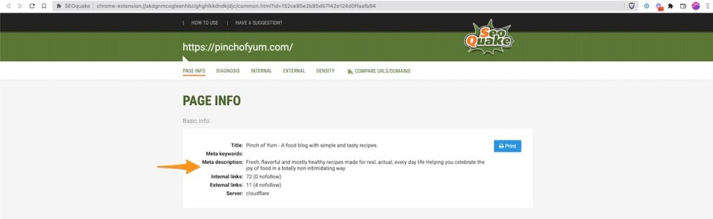 The SEO Quake Page Info for Pinch of Yum with an orange arrow pointing to the Meta Description