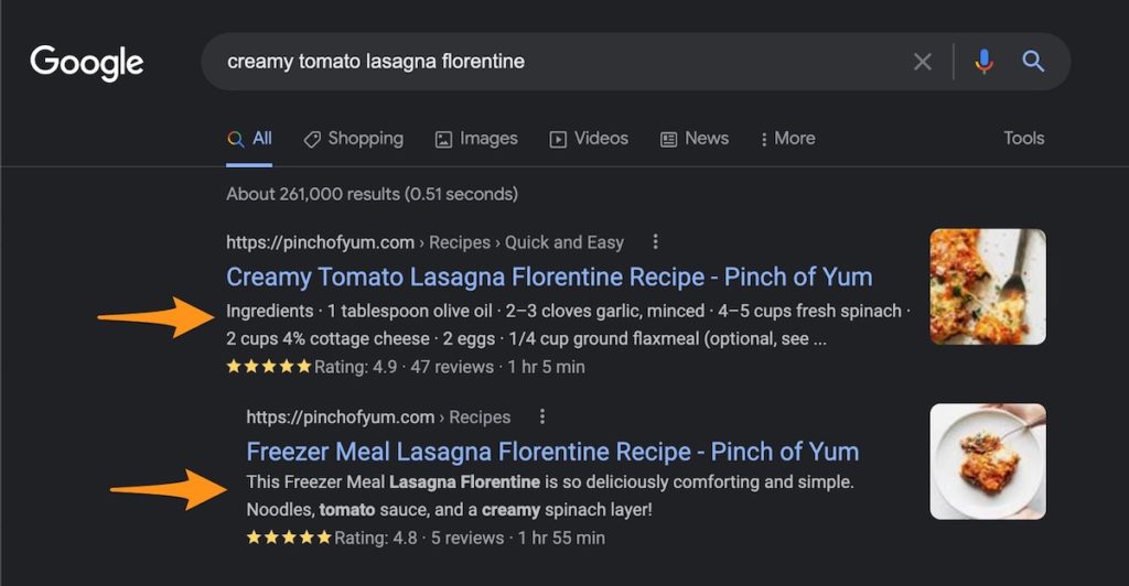 orange arrows pointing to the meta descriptions for a 'creamy tomato lasagna florentine' recipe on Google