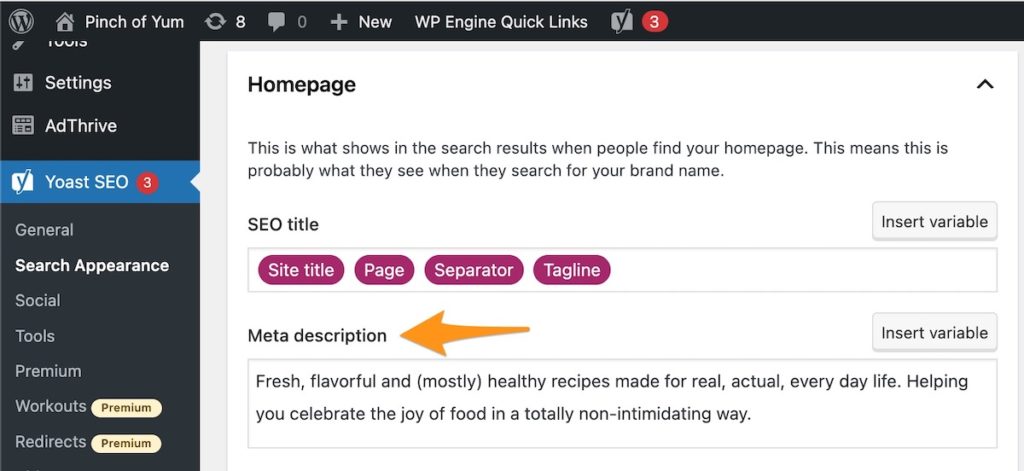 an orange arrow pointing to the meta description box for the Yoast SEO plugin