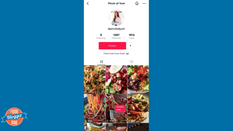 Blue slide with Food Blogger Pro logo and screenshot of the Pinch of Yum TikTok profile page
